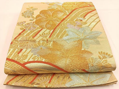 平和屋着物◎六通柄袋帯 流水花文 金銀糸 正絹 逸品 BAAW0731hj