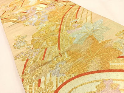 平和屋着物◎六通柄袋帯 流水花文 金銀糸 正絹 逸品 BAAW0731hj