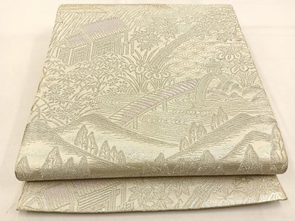 平和屋着物◎六通柄袋帯 渡橋風景文 銀糸 正絹 逸品 BAAW0733hj