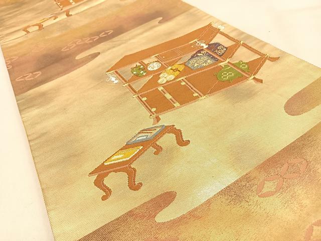 平和屋着物◎六通柄袋帯 器物 金銀糸 引箔 正絹 逸品 BAAW0742hj