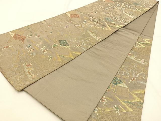 平和屋着物◎六通柄袋帯 人物風景文 金銀糸 正絹 逸品 BAAW0746hj