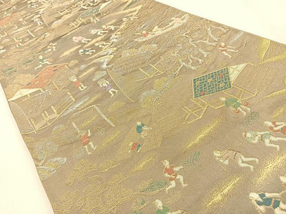 平和屋着物◎六通柄袋帯 人物風景文 金銀糸 正絹 逸品 BAAW0746hj