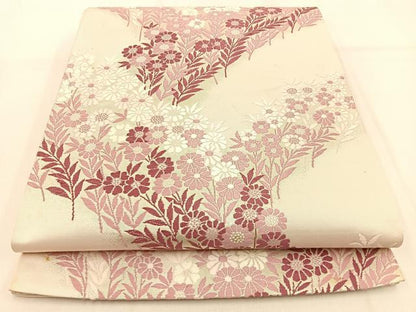 平和屋着物◎六通柄袋帯 唐織 草花文 銀糸 正絹 逸品 BAAW0748hj