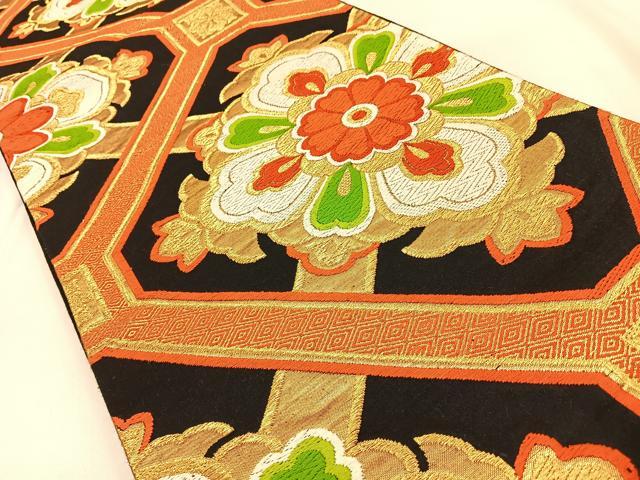 平和屋着物◎六通柄袋帯 唐織 蜀江正倉院花文 黒地 金糸 正絹 逸品 BAAW0756hj
