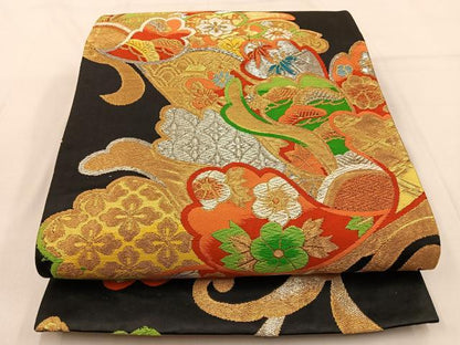 平和屋着物◎六通柄袋帯 唐織 松竹梅 吉祥花文 黒地 金銀糸 正絹 逸品 BAAW0758hj