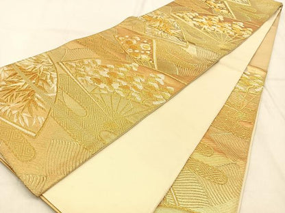 平和屋着物◎六通柄袋帯　唐織　扇面松竹梅文　金糸　正絹　逸品　BAAW0766hj