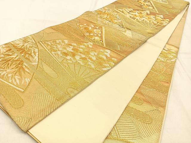 平和屋着物◎六通柄袋帯　唐織　扇面松竹梅文　金糸　正絹　逸品　BAAW0766hj
