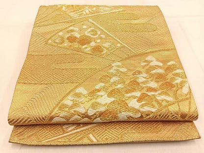 平和屋着物◎六通柄袋帯　唐織　扇面松竹梅文　金糸　正絹　逸品　BAAW0766hj