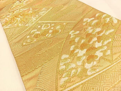 平和屋着物◎六通柄袋帯　唐織　扇面松竹梅文　金糸　正絹　逸品　BAAW0766hj