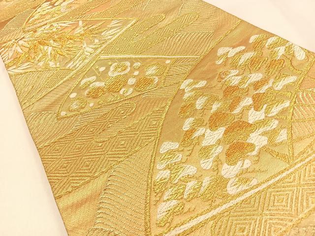 平和屋着物◎六通柄袋帯　唐織　扇面松竹梅文　金糸　正絹　逸品　BAAW0766hj