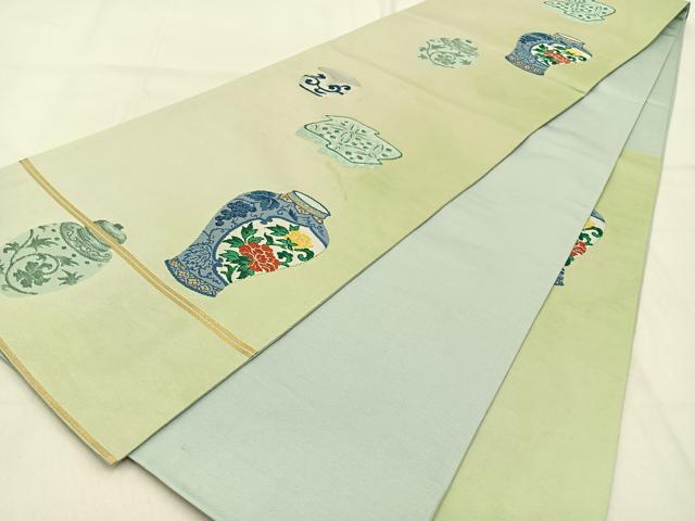 平和屋着物◎六通柄袋帯　陶器花文　金糸　正絹　逸品　BAAW0769hj