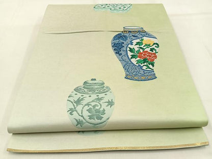 平和屋着物◎六通柄袋帯　陶器花文　金糸　正絹　逸品　BAAW0769hj