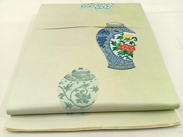 平和屋着物◎六通柄袋帯　陶器花文　金糸　正絹　逸品　BAAW0769hj