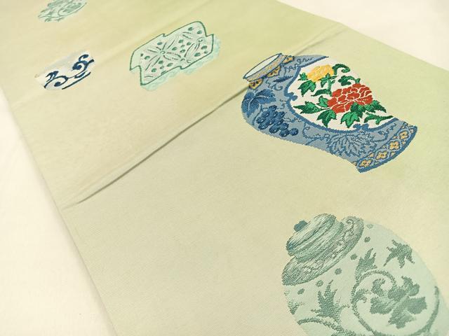 平和屋着物◎六通柄袋帯　陶器花文　金糸　正絹　逸品　BAAW0769hj