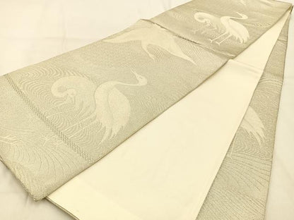 平和屋着物◎全通柄袋帯 群鶴 銀糸 正絹 逸品 BAAW0771hj