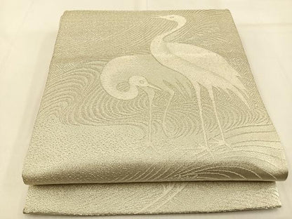 平和屋着物◎全通柄袋帯 群鶴 銀糸 正絹 逸品 BAAW0771hj