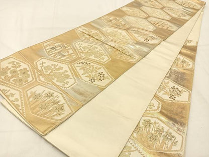 平和屋着物◎六通柄袋帯　亀甲草花文　金銀糸　正絹　逸品　BAAW0773hj