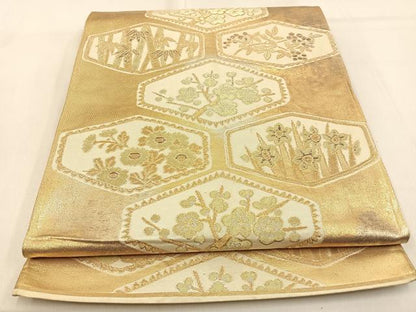 平和屋着物◎六通柄袋帯　亀甲草花文　金銀糸　正絹　逸品　BAAW0773hj