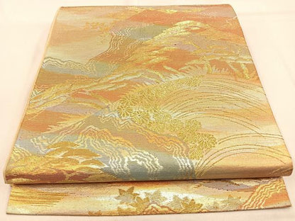 平和屋着物◎六通柄袋帯　重ね山風景文　金銀糸　正絹　逸品　BAAW0780hj