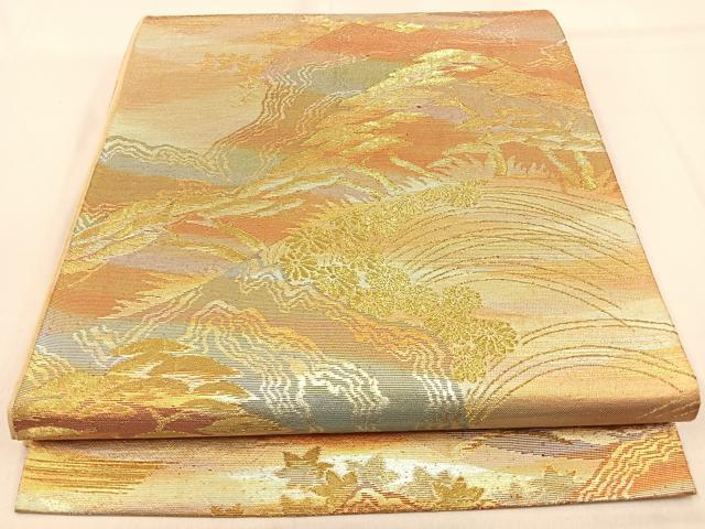 平和屋着物◎六通柄袋帯　重ね山風景文　金銀糸　正絹　逸品　BAAW0780hj