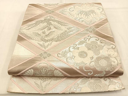 平和屋着物◎六通柄袋帯　唐織　菱天井花鳥文　銀糸　正絹　逸品　BAAW0781hj