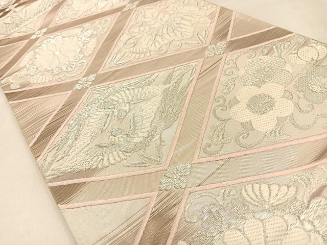 平和屋着物◎六通柄袋帯　唐織　菱天井花鳥文　銀糸　正絹　逸品　BAAW0781hj