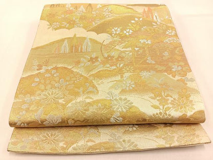 平和屋着物◎六通柄袋帯　風景文　金銀糸　正絹　逸品　BAAW0788hj