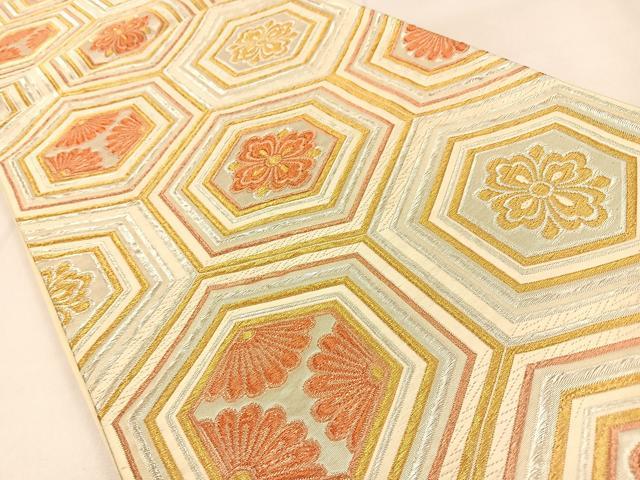 平和屋着物◎六通柄袋帯　唐織　子持ち亀甲花文　金銀糸　正絹　逸品　BAAW0803hj