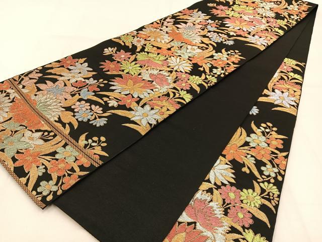 平和屋着物◎六通柄 本袋帯 草花文 黒地 金銀糸 正絹 逸品 BAAW0819hj