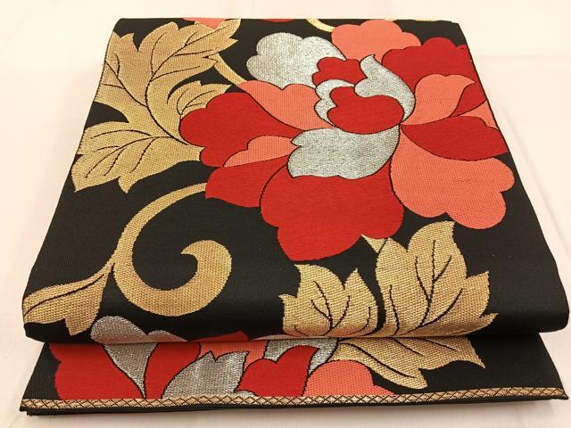 平和屋着物◎六通柄　本袋帯　牡丹唐草文　黒地　金銀糸　正絹　逸品　BAAW0823hj