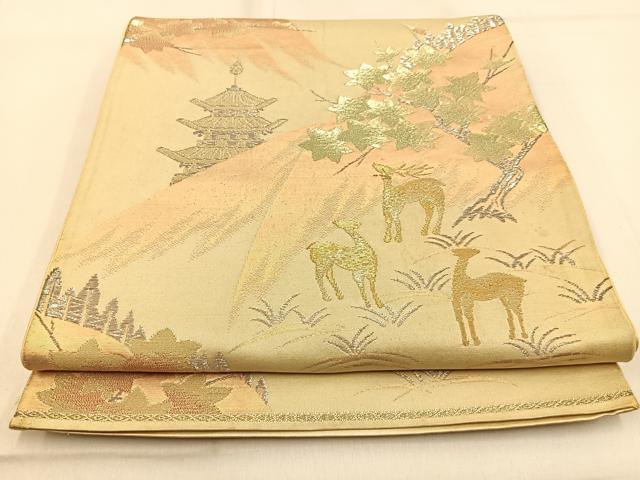 平和屋着物◎六通柄袋帯 五重塔 鹿 金銀糸 正絹 逸品 BAAW0831hj