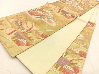 平和屋着物◎六通柄袋帯　唐織　花蝶文　金銀糸　正絹　逸品　BAAW0841hj