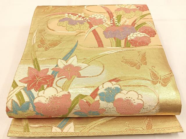 平和屋着物◎六通柄袋帯　唐織　花蝶文　金銀糸　正絹　逸品　BAAW0841hj