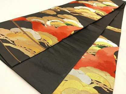 平和屋着物◎六通柄袋帯　唐織　飛鶴松文　黒地　金銀糸　正絹　逸品　BAAW0845hj