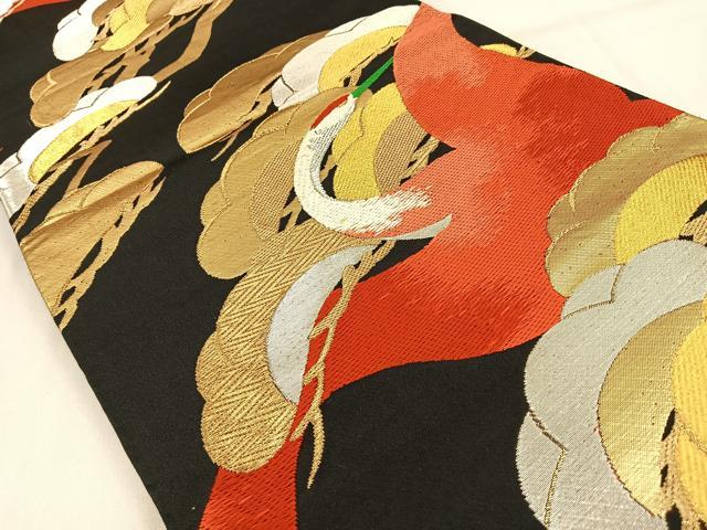 平和屋着物◎六通柄袋帯　唐織　飛鶴松文　黒地　金銀糸　正絹　逸品　BAAW0845hj
