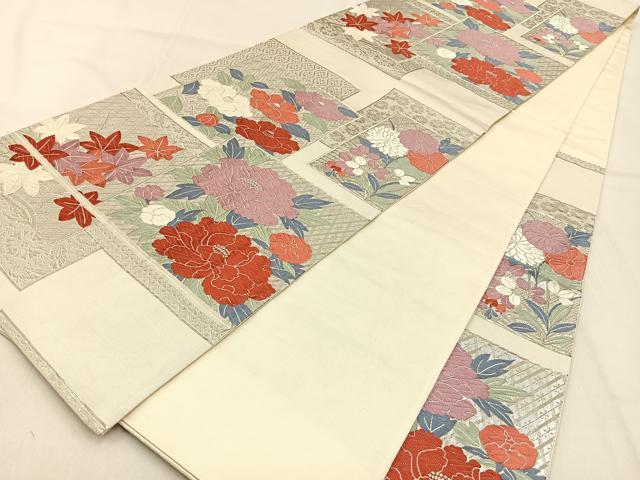 平和屋着物◎六通柄袋帯　唐織　はくば錦　色紙重ね花文　プラチナ箔　正絹　逸品　BAAW0862hj