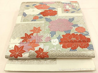 平和屋着物◎六通柄袋帯　唐織　はくば錦　色紙重ね花文　プラチナ箔　正絹　逸品　BAAW0862hj