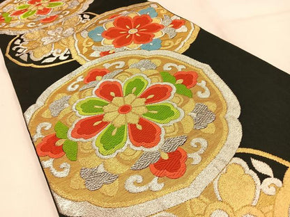 平和屋着物◎六通柄袋帯　唐織　鏡裏花文　黒地　金銀糸　正絹　逸品　BAAW0871hj