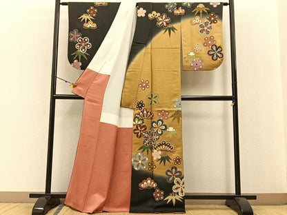 平和屋着物●訪問着　駒刺繍　松竹梅　暈し染め　黒緑色地　金銀彩　正絹　逸品　BAAW0889hj