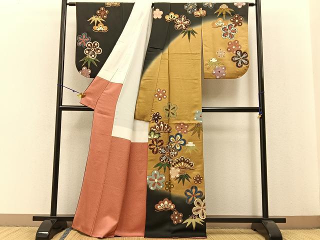 平和屋着物●訪問着　駒刺繍　松竹梅　暈し染め　黒緑色地　金銀彩　正絹　逸品　BAAW0889hj