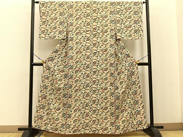 平和屋着物●本場琉球紅型　小紋　扇面花唐草文　正絹　逸品　未使用　BAAW0894hj