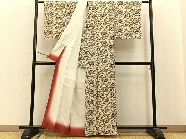平和屋着物●本場琉球紅型　小紋　扇面花唐草文　正絹　逸品　未使用　BAAW0894hj