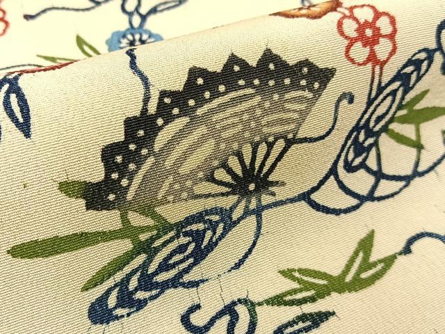 平和屋着物●本場琉球紅型　小紋　扇面花唐草文　正絹　逸品　未使用　BAAW0894hj