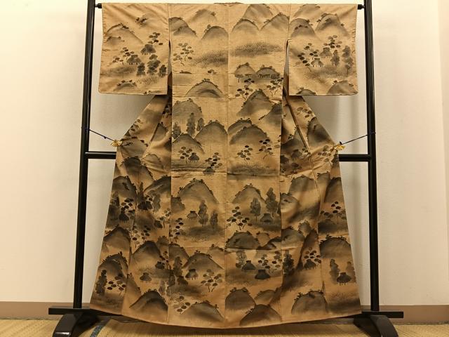 平和屋着物●訪問着　紬地　手描き　遠山風景文　正絹　逸品　未使用　BAAW0895hj