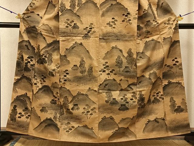 平和屋着物●訪問着　紬地　手描き　遠山風景文　正絹　逸品　未使用　BAAW0895hj
