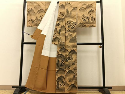 平和屋着物●訪問着　紬地　手描き　遠山風景文　正絹　逸品　未使用　BAAW0895hj