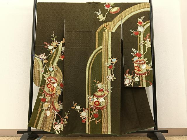平和屋着物●豪華振袖 総絞り 駒刺繍 貝桶花文 金彩 鈴乃屋扱い 正絹 逸品 BAAW0898hj