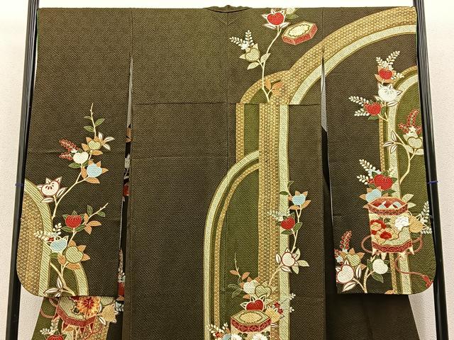 平和屋着物●豪華振袖 総絞り 駒刺繍 貝桶花文 金彩 鈴乃屋扱い 正絹 逸品 BAAW0898hj