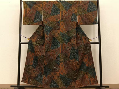 平和屋着物●上質な小紋 型染め 切嵌人物更紗花鳥文 鬼しぼ縮緬 正絹 逸品 BAAW0906hj