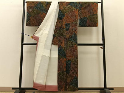 平和屋着物●上質な小紋 型染め 切嵌人物更紗花鳥文 鬼しぼ縮緬 正絹 逸品 BAAW0906hj